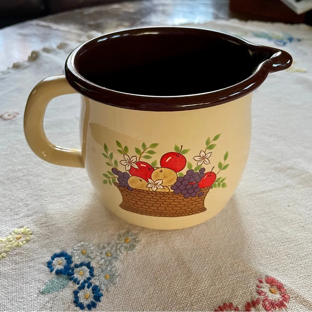 Vintage FTD Metal 3 Cup Enamelware Pitcher. Cream Color w/ Basket of Fruit